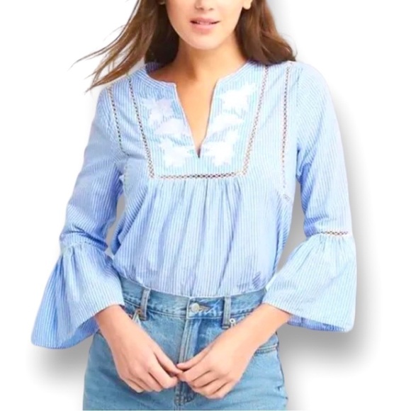 GAP Bell Sleeve Top Blue & White Striped w/Embroidered Appliqués Size XS (EUC) - Picture 1 of 11
